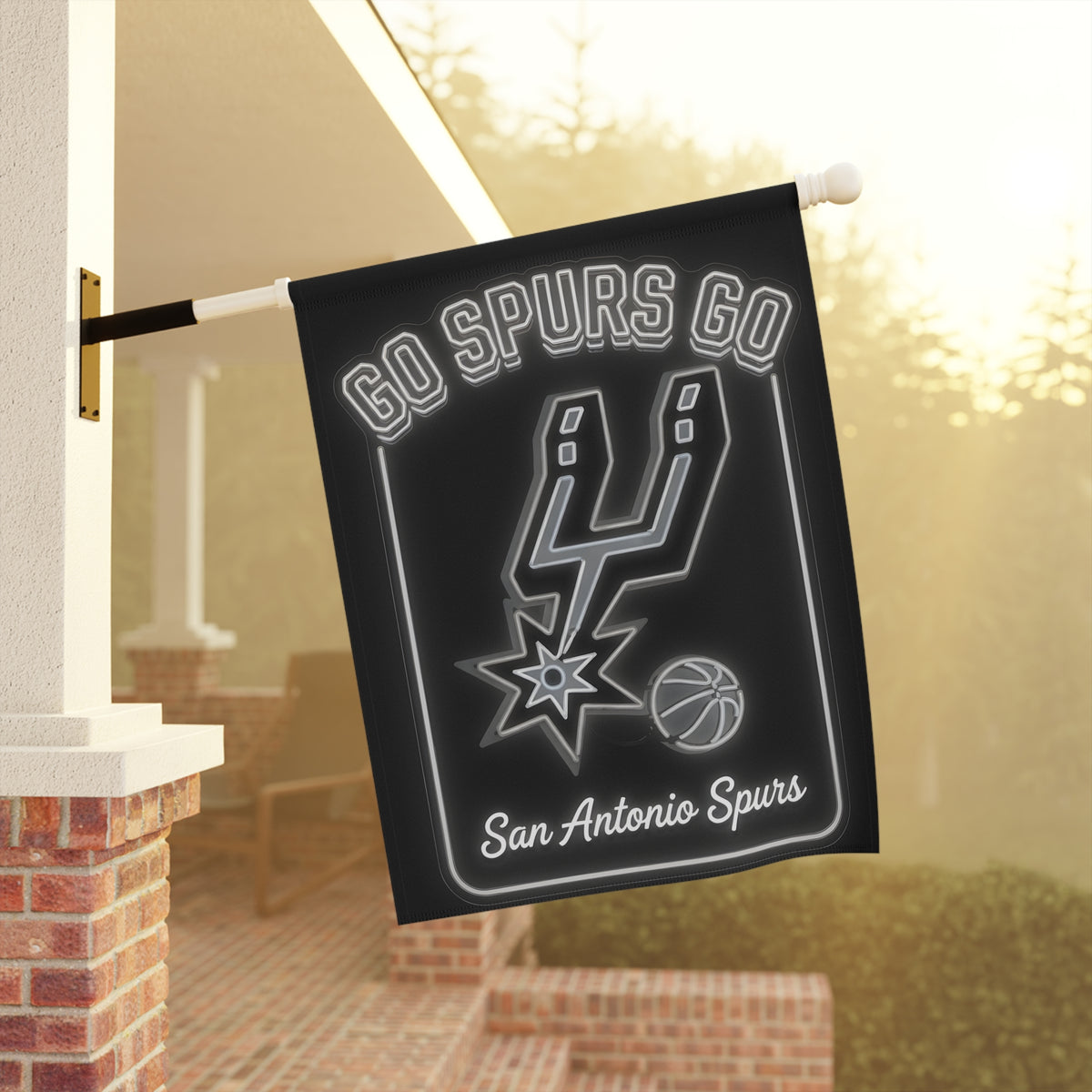 Season Opener Spurs Flag, San Antonio Garden Flag, Metallic Silver Logo Basketball Banner for Game Night and Watch Party