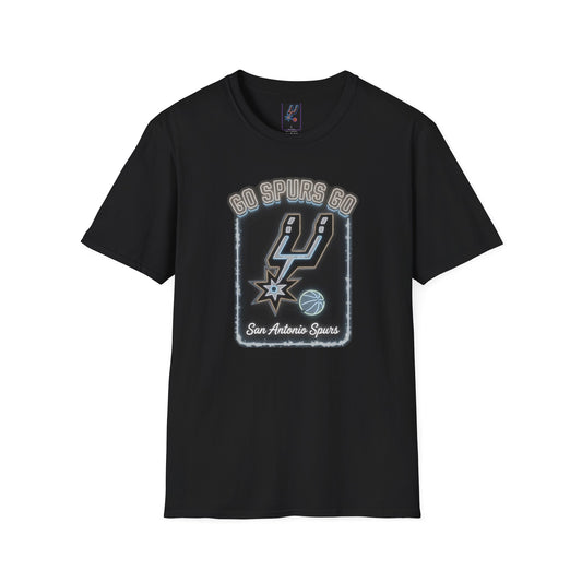 Spurs Neon Glow Sign T-Shirt for Basketball Fan, Black Graphic Tee with Star and Logo, Go Spurs Go Party Top, Outline Shirt for Game Night