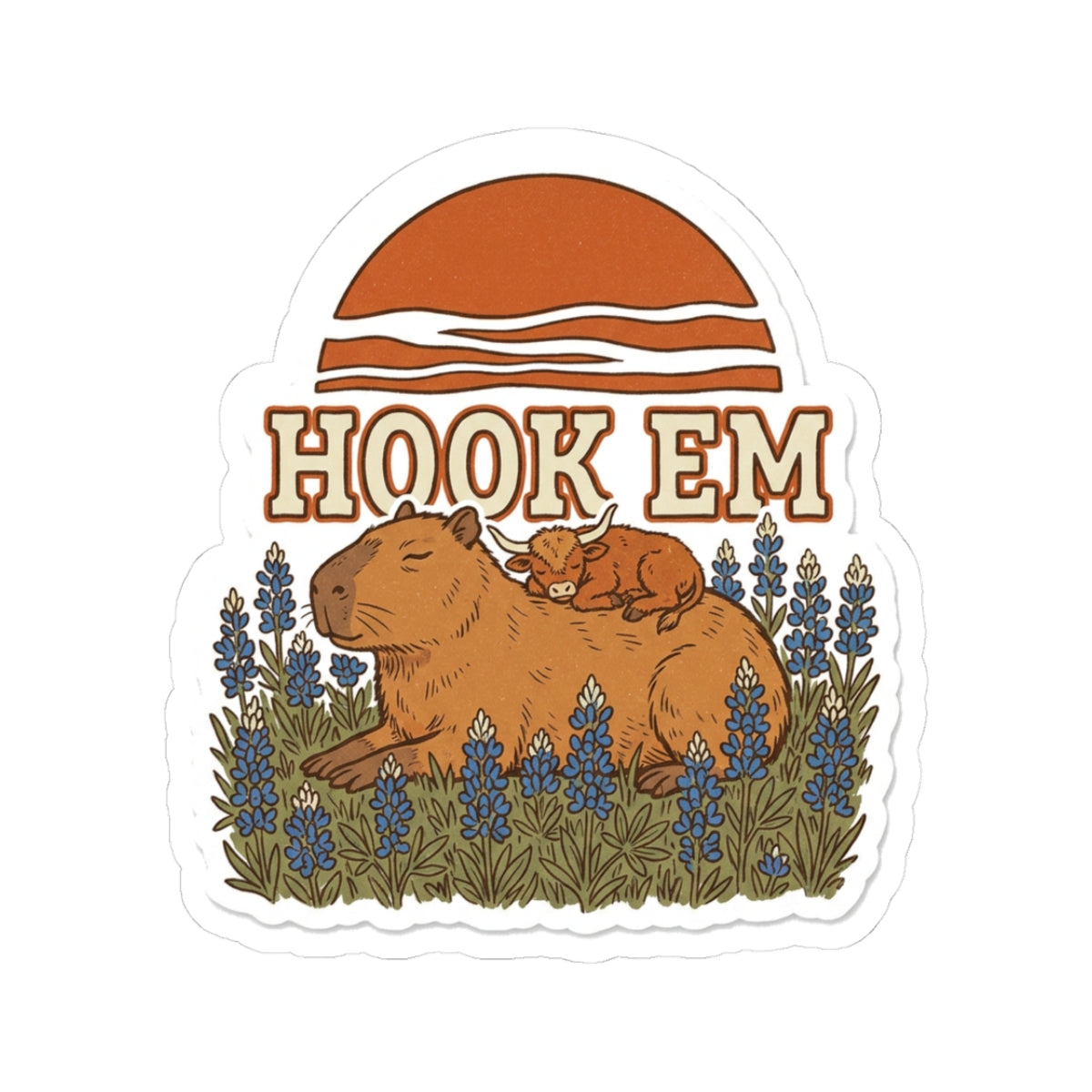 Bluebonnet Capybara Sticker for UT Fan Journal, Hook Em Planner Decal, Sleepy Longhorn Calf Art, Burnt Orange Texas Sunset Souvenir