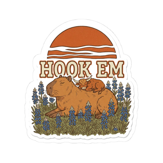 Bluebonnet Capybara Sticker for UT Fan Journal, Hook Em Planner Decal, Sleepy Longhorn Calf Art, Burnt Orange Texas Sunset Souvenir