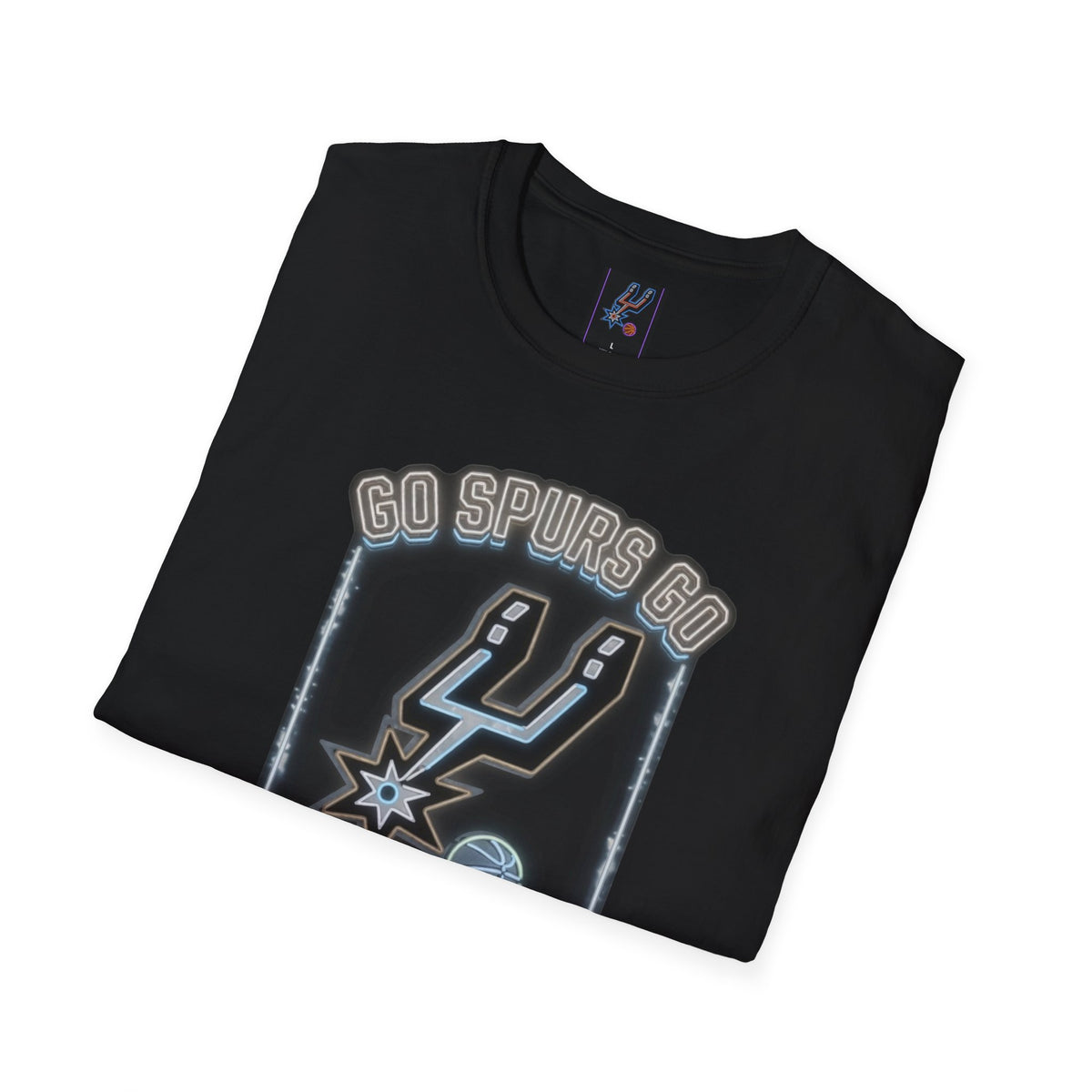 Spurs Neon Glow Sign T-Shirt for Basketball Fan, Black Graphic Tee with Star and Logo, Go Spurs Go Party Top, Outline Shirt for Game Night