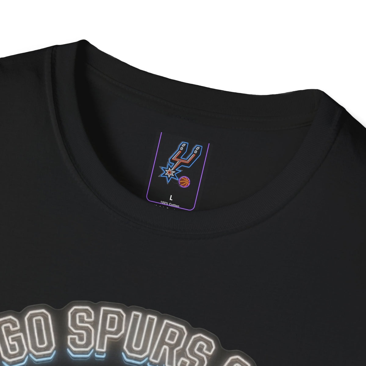 Spurs Neon Glow Sign T-Shirt for Basketball Fan, Black Graphic Tee with Star and Logo, Go Spurs Go Party Top, Outline Shirt for Game Night