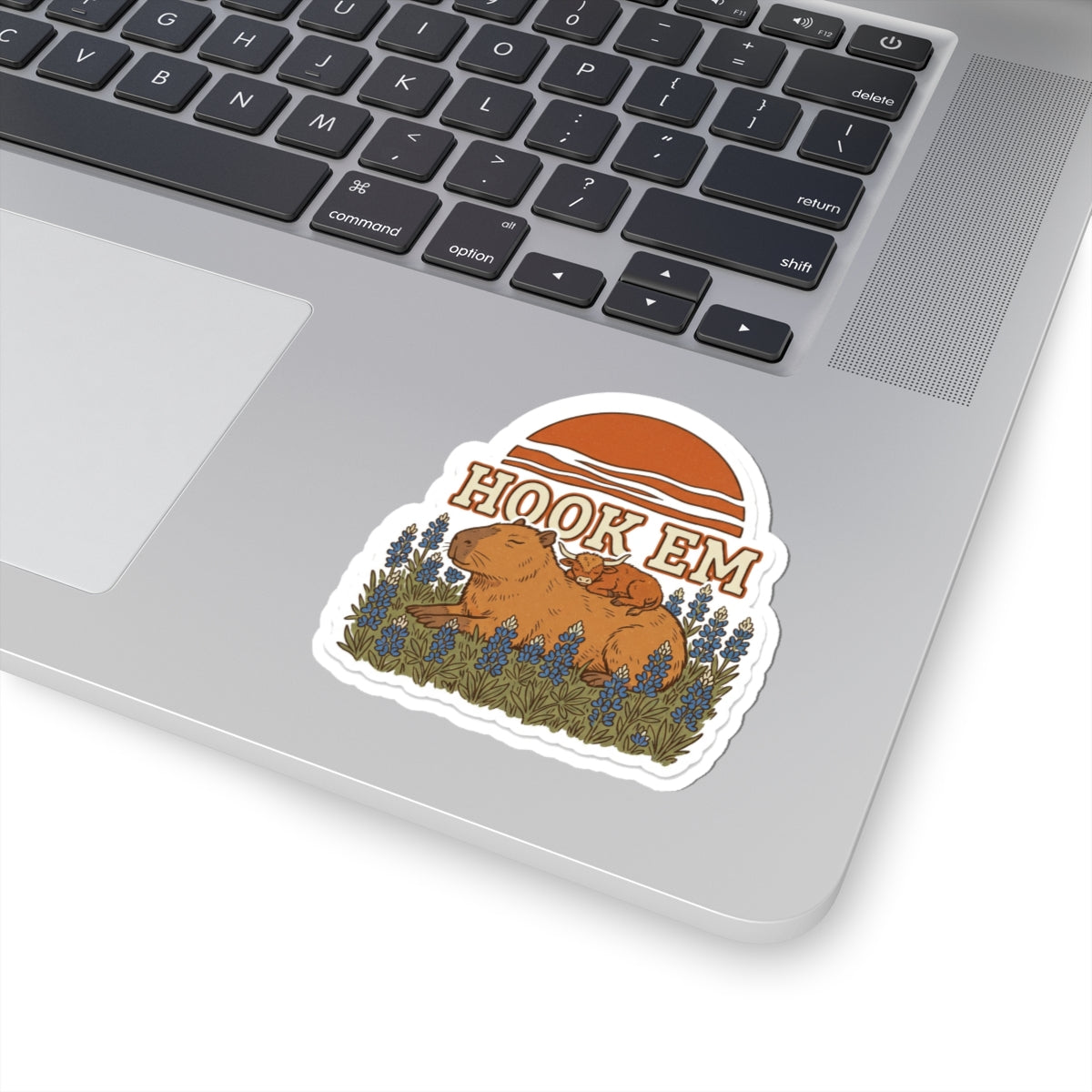 Bluebonnet Capybara Sticker for UT Fan Journal, Hook Em Planner Decal, Sleepy Longhorn Calf Art, Burnt Orange Texas Sunset Souvenir