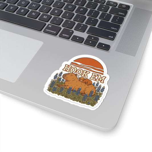 Bluebonnet Capybara Sticker for UT Fan Journal, Hook Em Planner Decal, Sleepy Longhorn Calf Art, Burnt Orange Texas Sunset Souvenir
